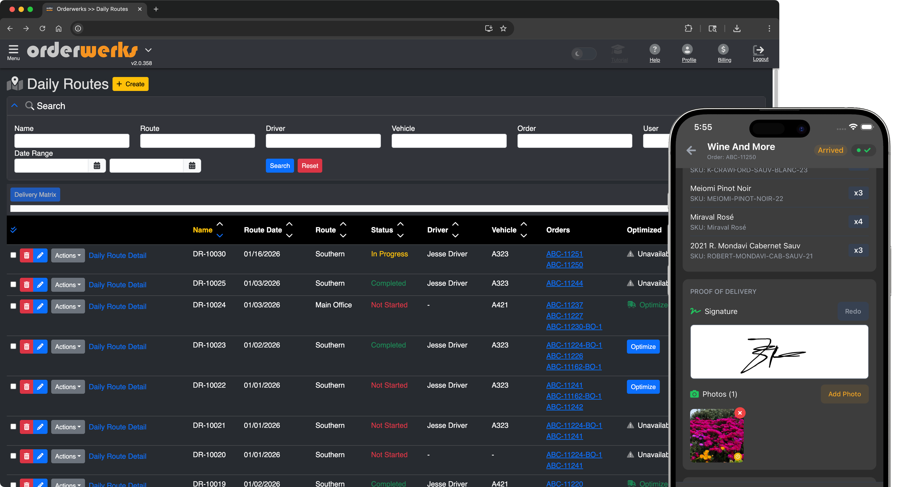 Enroute delivery management app showing proof of delivery with signature capture