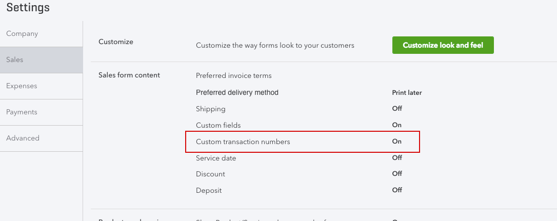 QuickBooks Online Custom Transaction Numbers Screenshot